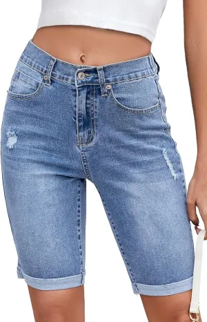 Women's High Waisted Bermuda Denim Shorts Folded Hem Elastic Waist Stretchy Jean Shorts