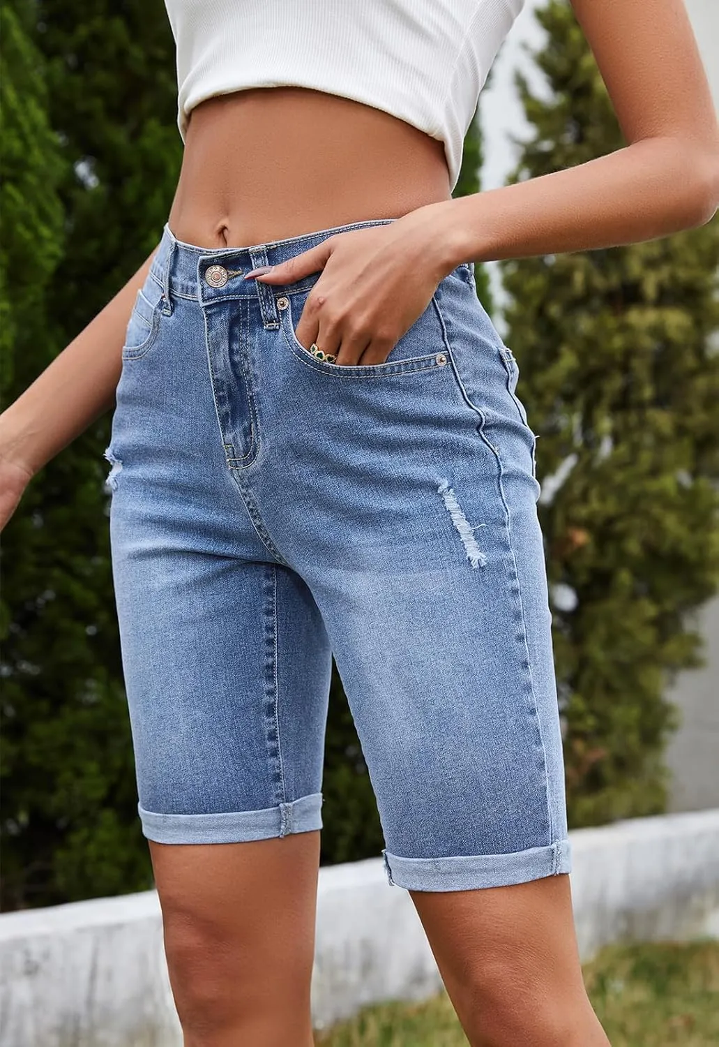 Women's High Waisted Bermuda Denim Shorts Folded Hem Elastic Waist Stretchy Jean Shorts