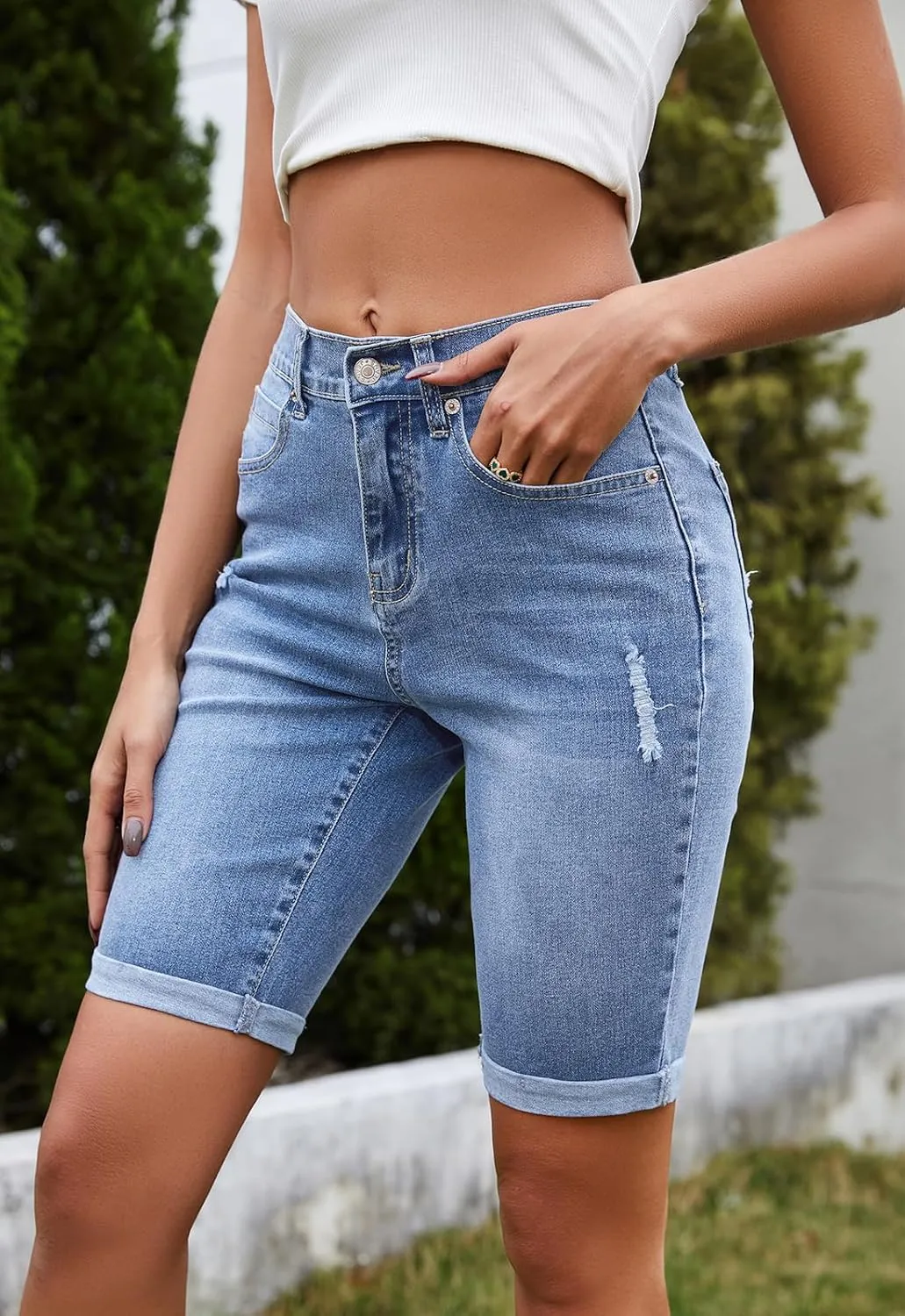 Women's High Waisted Bermuda Denim Shorts Folded Hem Elastic Waist Stretchy Jean Shorts