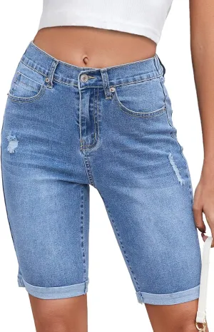 Women's High Waisted Bermuda Denim Shorts Folded Hem Elastic Waist Stretchy Jean Shorts