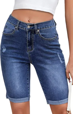 Women's High Waisted Bermuda Denim Shorts Folded Hem Elastic Waist Stretchy Jean Shorts