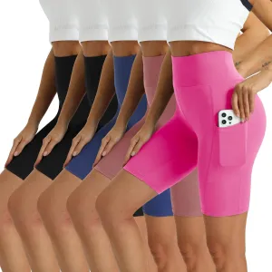 Women's High Waisted Biker Shorts 5 Pack - Tummy Control Yoga Workout Shorts with Pockets
