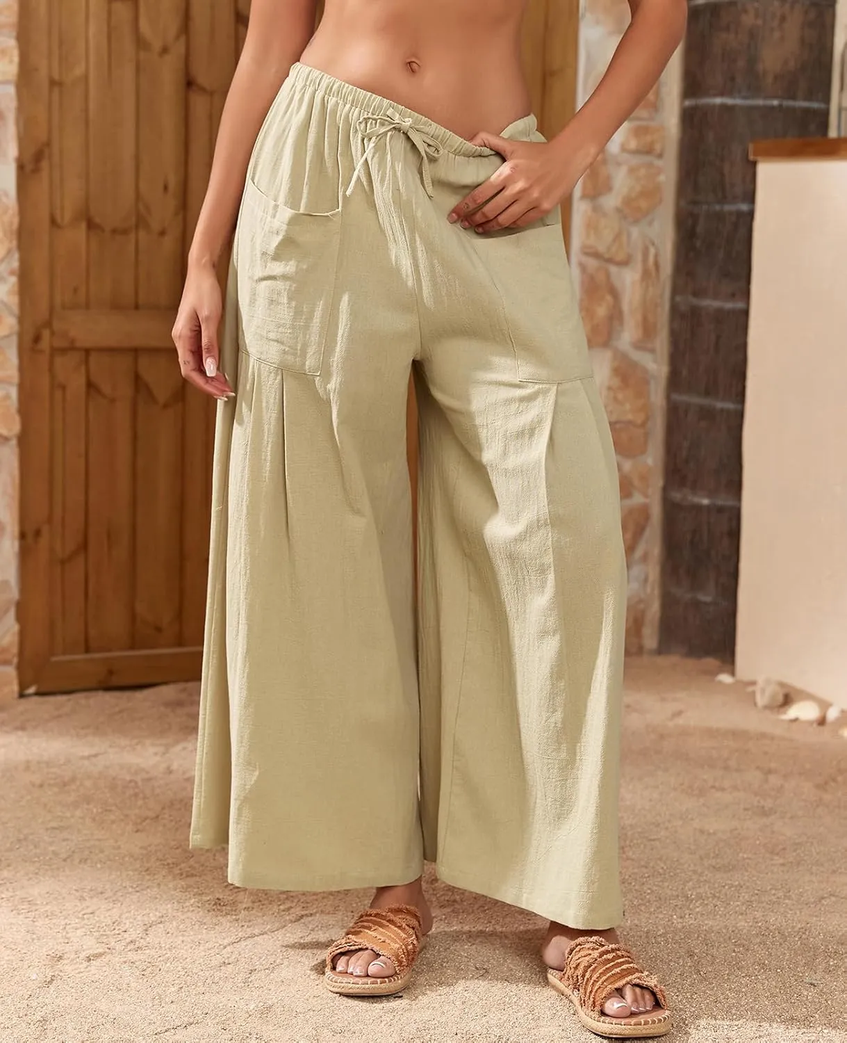 Womens Linen Pants 2025 Summer Casual Wide Leg Palazzo Pants High Waist Loose Flowy Boho Trousers