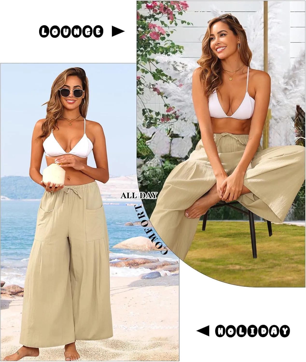 Womens Linen Pants 2025 Summer Casual Wide Leg Palazzo Pants High Waist Loose Flowy Boho Trousers