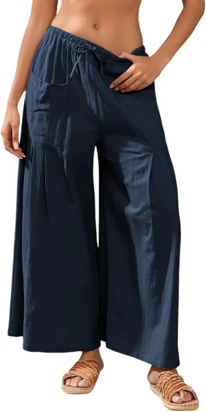 Womens Linen Pants 2025 Summer Casual Wide Leg Palazzo Pants High Waist Loose Flowy Boho Trousers