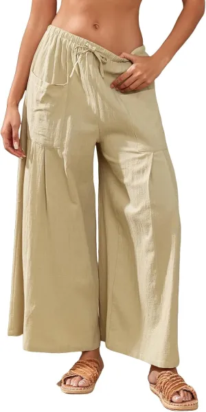Womens Linen Pants 2025 Summer Casual Wide Leg Palazzo Pants High Waist Loose Flowy Boho Trousers
