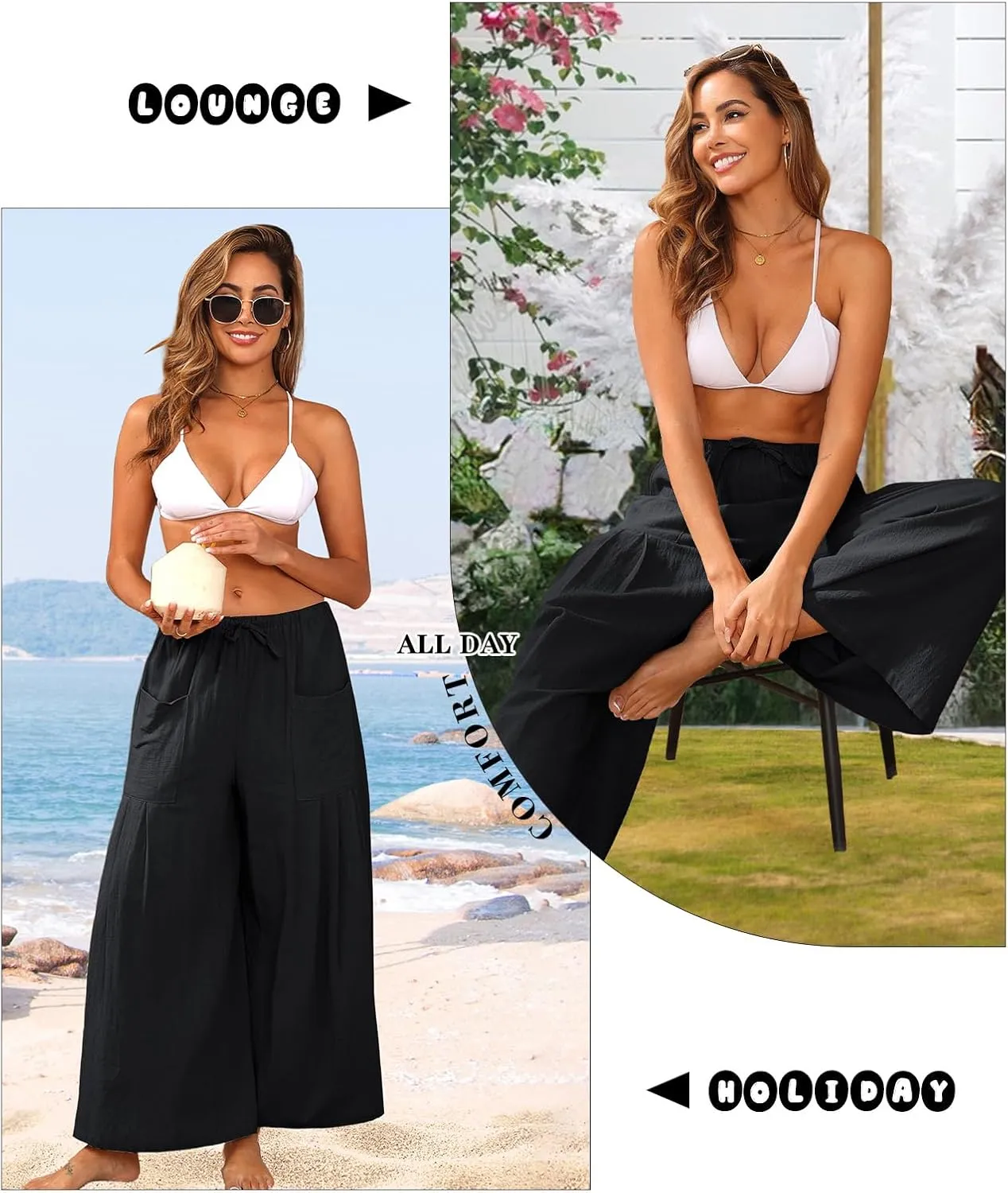 Womens Linen Pants 2025 Summer Casual Wide Leg Palazzo Pants High Waist Loose Flowy Boho Trousers