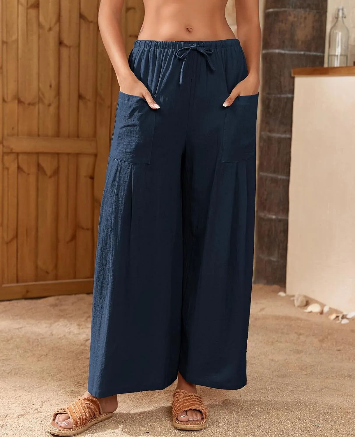 Womens Linen Pants 2025 Summer Casual Wide Leg Palazzo Pants High Waist Loose Flowy Boho Trousers