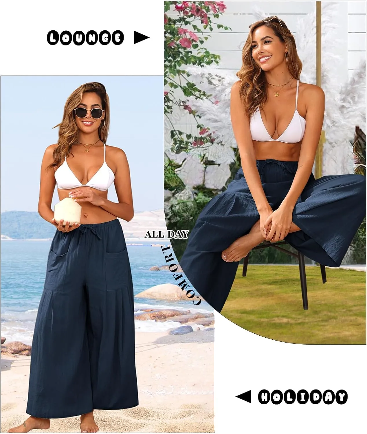 Womens Linen Pants 2025 Summer Casual Wide Leg Palazzo Pants High Waist Loose Flowy Boho Trousers