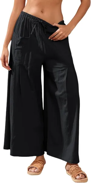 Womens Linen Pants 2025 Summer Casual Wide Leg Palazzo Pants High Waist Loose Flowy Boho Trousers