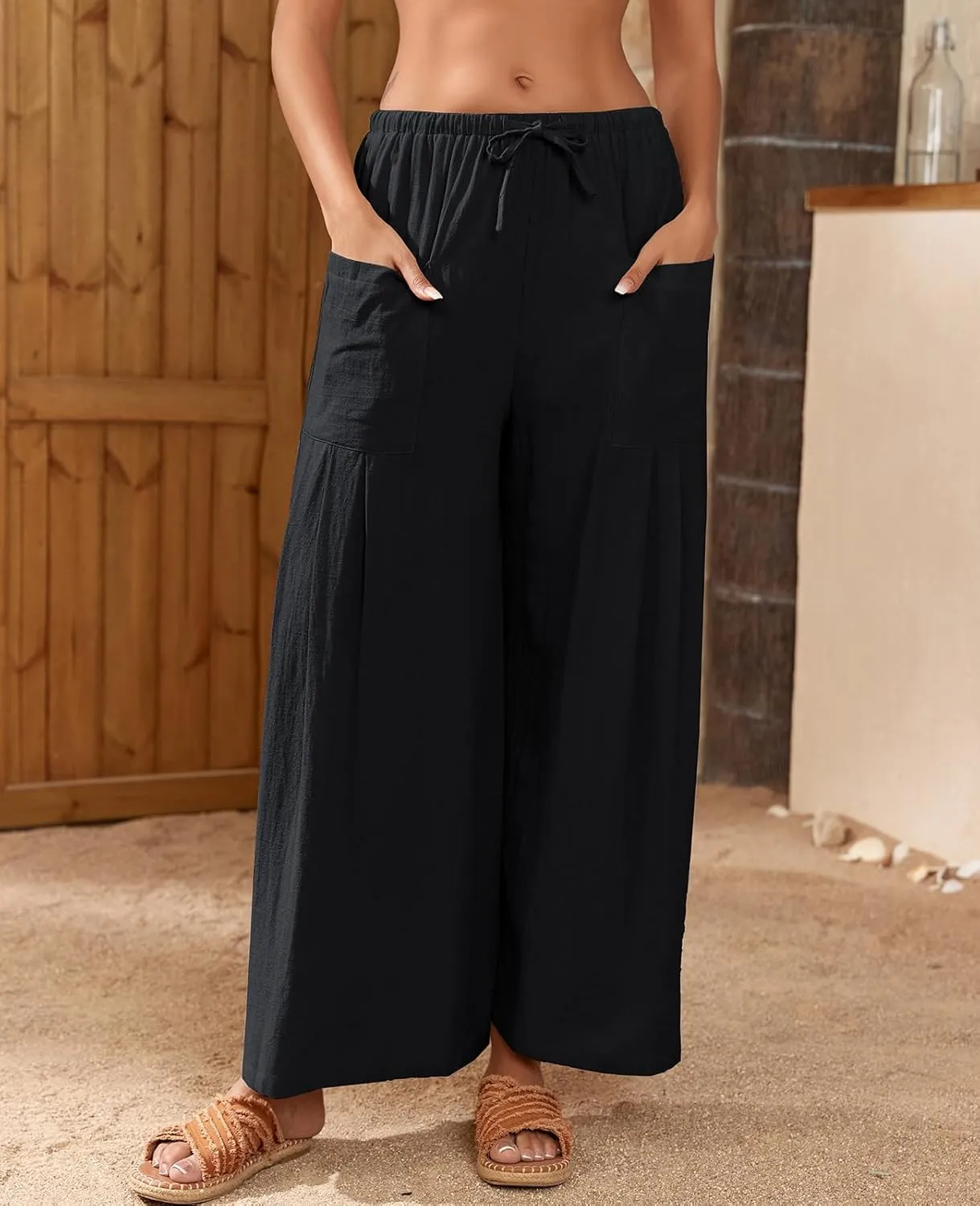 Womens Linen Pants 2025 Summer Casual Wide Leg Palazzo Pants High Waist Loose Flowy Boho Trousers