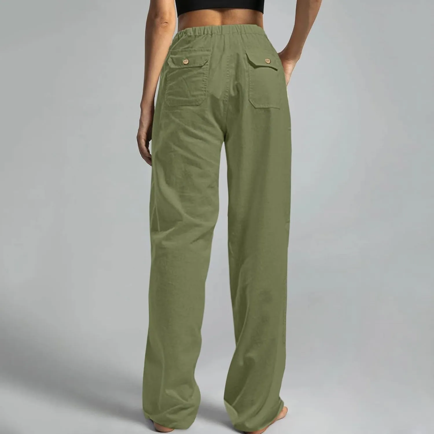 Womens Linen Pants 2025 Womens Casual Solid Color Loose Pockets Elastic Belt Waist Pants Long Trousers Harem Pants