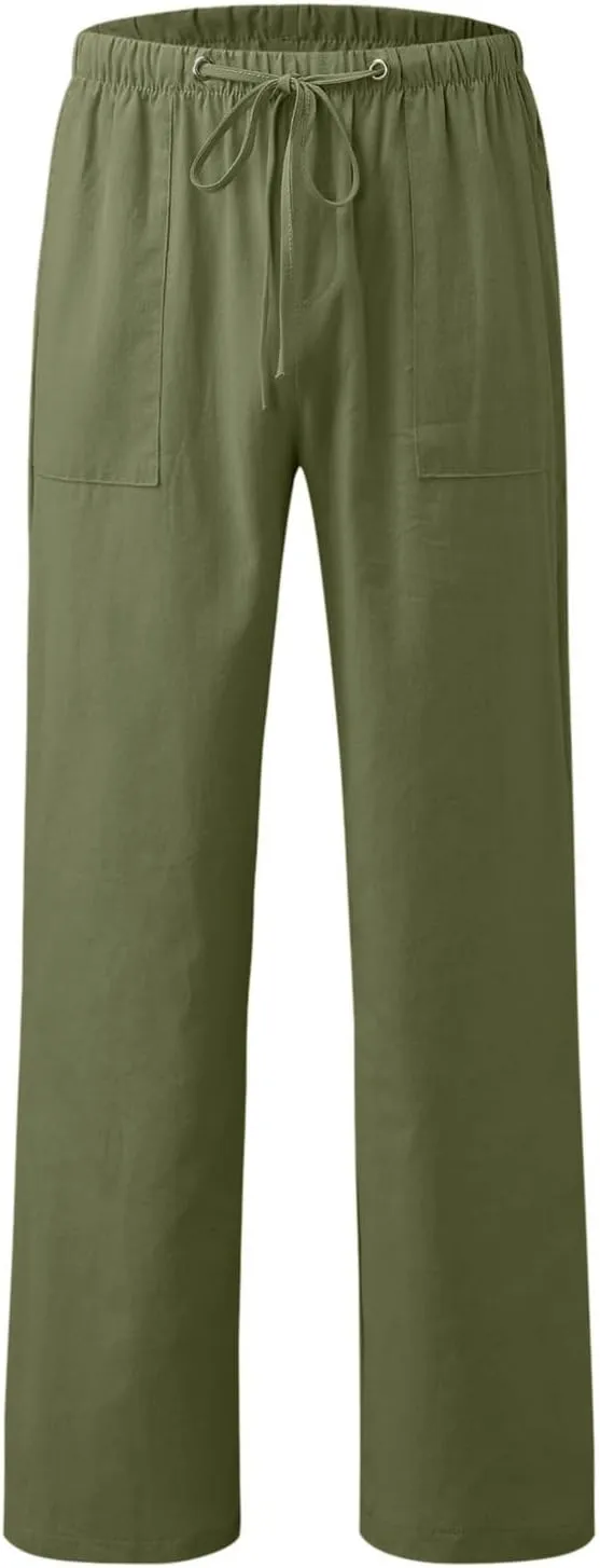 Womens Linen Pants 2025 Womens Casual Solid Color Loose Pockets Elastic Belt Waist Pants Long Trousers Harem Pants