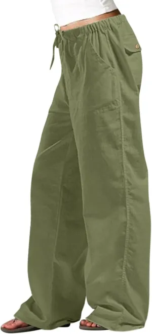 Womens Linen Pants 2025 Womens Casual Solid Color Loose Pockets Elastic Belt Waist Pants Long Trousers Harem Pants