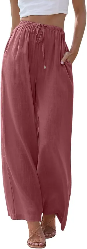 Womens Linen Pants Summer Casual Loose Beach Trousers with Pockets High Waisted Drawstring Wide Leg Pants for Women