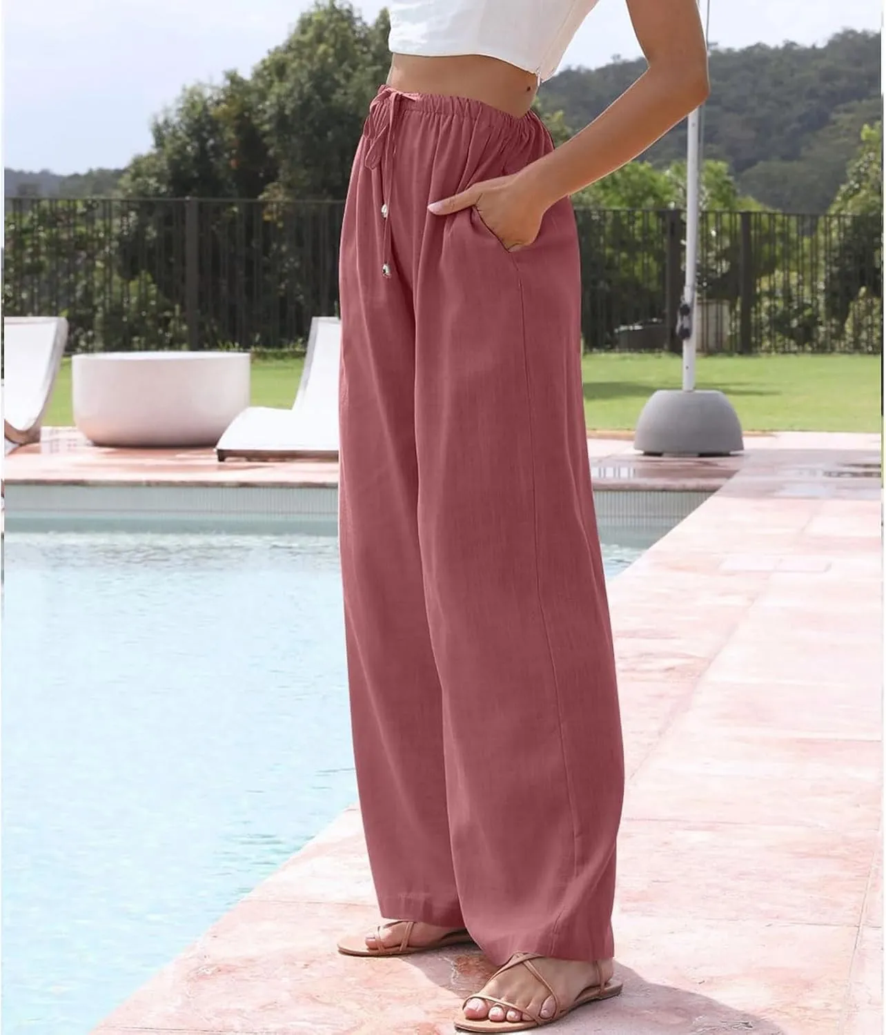 Womens Linen Pants Summer Casual Loose Beach Trousers with Pockets High Waisted Drawstring Wide Leg Pants for Women