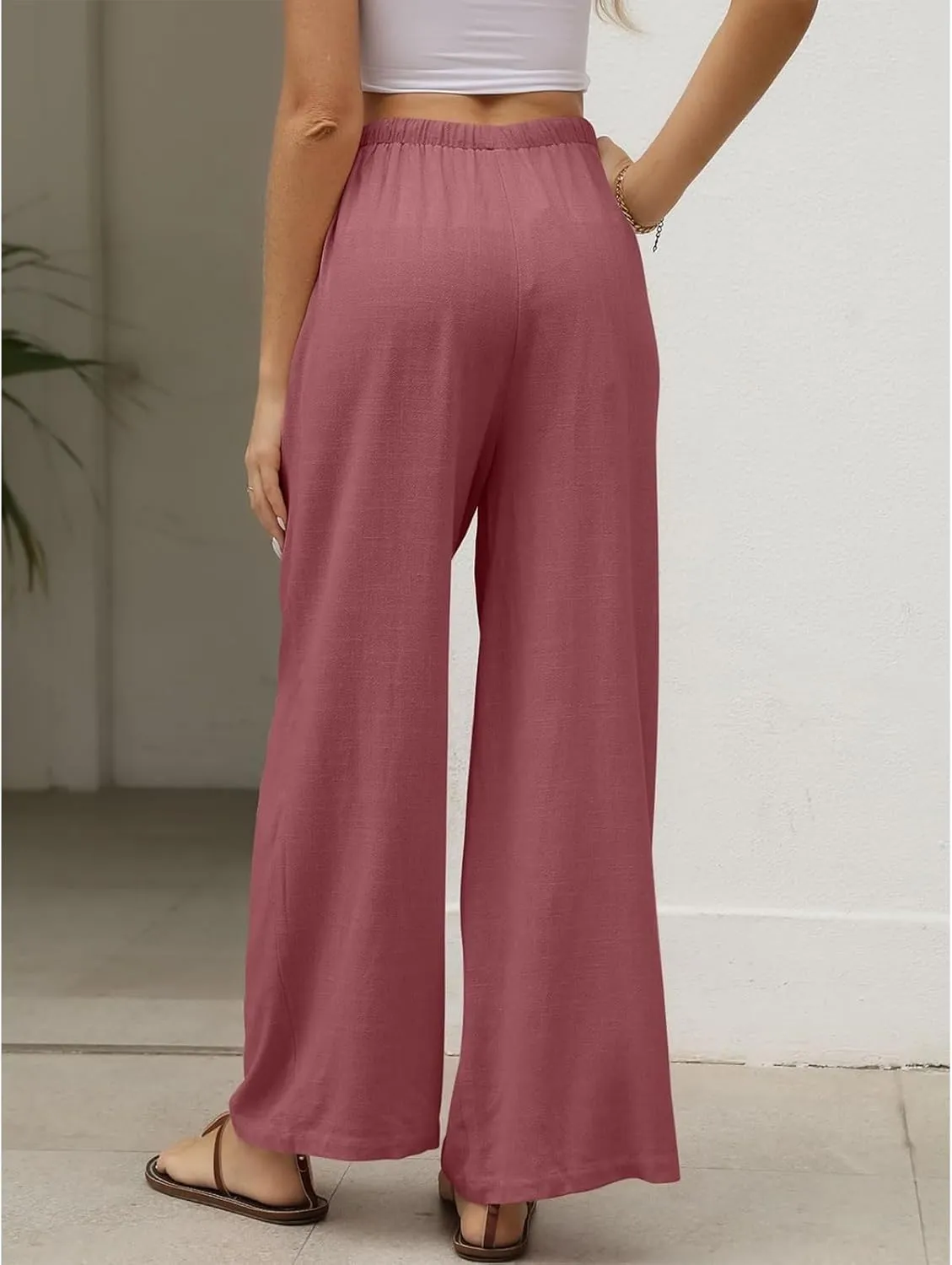Womens Linen Pants Summer Casual Loose Beach Trousers with Pockets High Waisted Drawstring Wide Leg Pants for Women