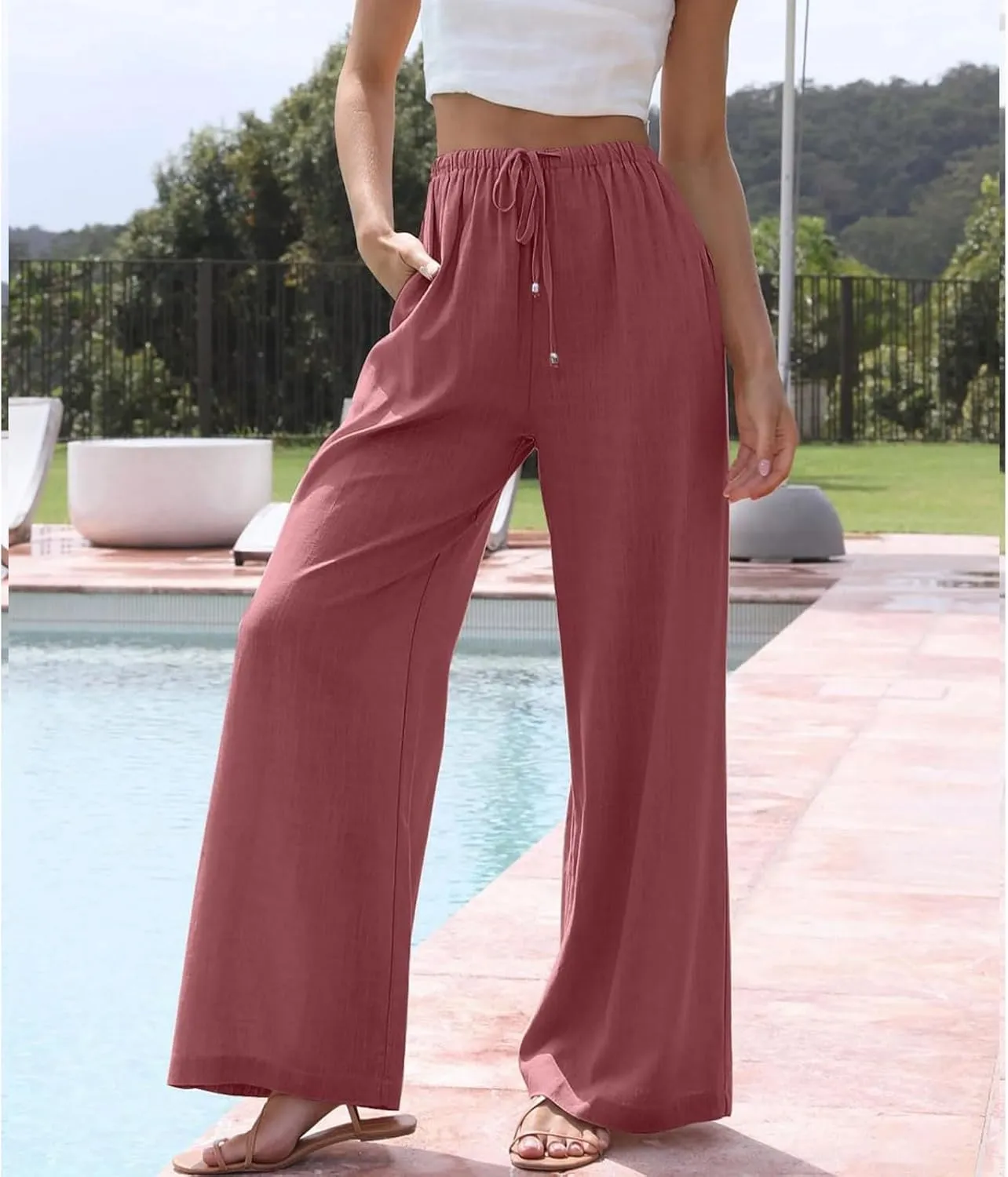 Womens Linen Pants Summer Casual Loose Beach Trousers with Pockets High Waisted Drawstring Wide Leg Pants for Women
