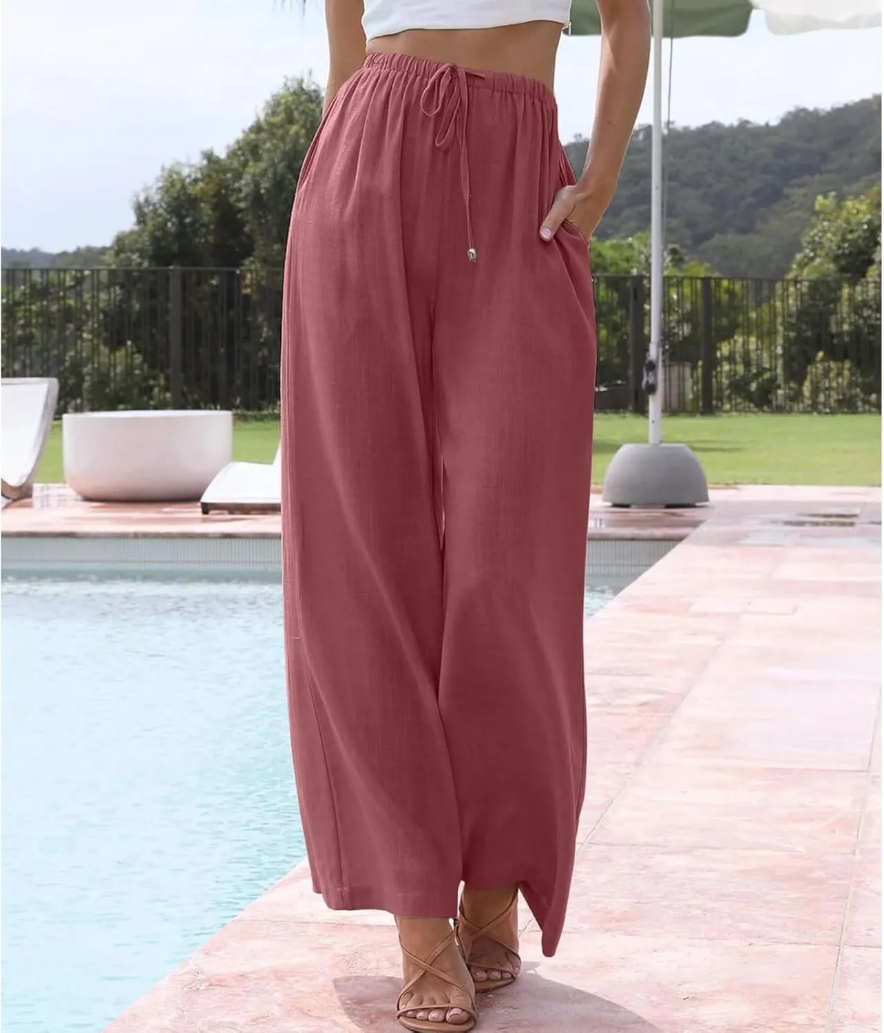 Womens Linen Pants Summer Casual Loose Beach Trousers with Pockets High Waisted Drawstring Wide Leg Pants for Women
