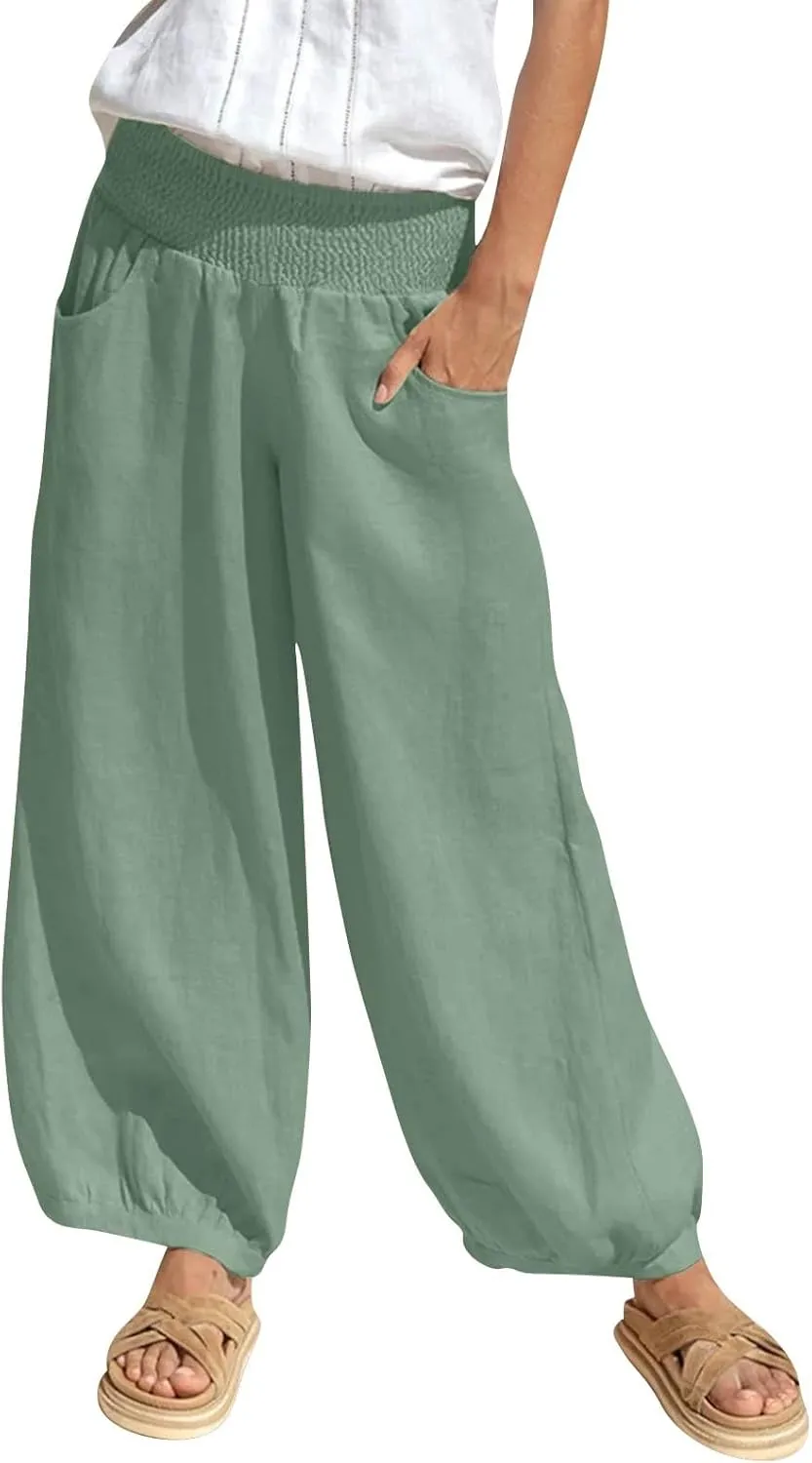 Womens Linen Pants Wide Leg High Waisted Summer Pants Dressy Casual Baggy Palazzo Beach Vacation Trousers with Pockets