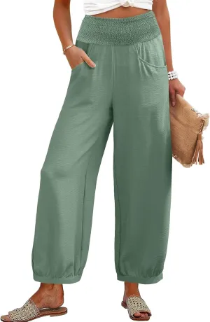 Womens Linen Pants Wide Leg High Waisted Summer Pants Dressy Casual Baggy Palazzo Beach Vacation Trousers with Pockets