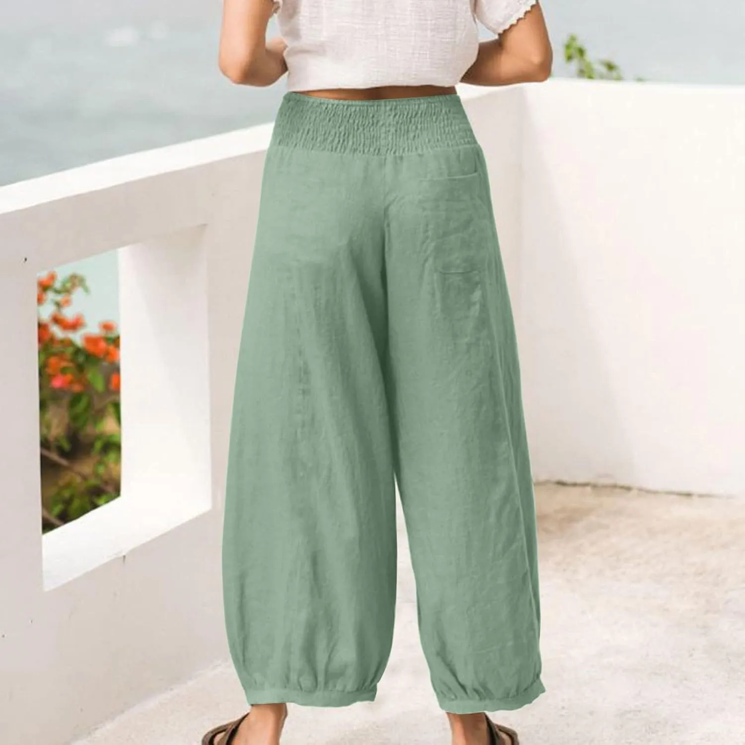 Womens Linen Pants Wide Leg High Waisted Summer Pants Dressy Casual Baggy Palazzo Beach Vacation Trousers with Pockets