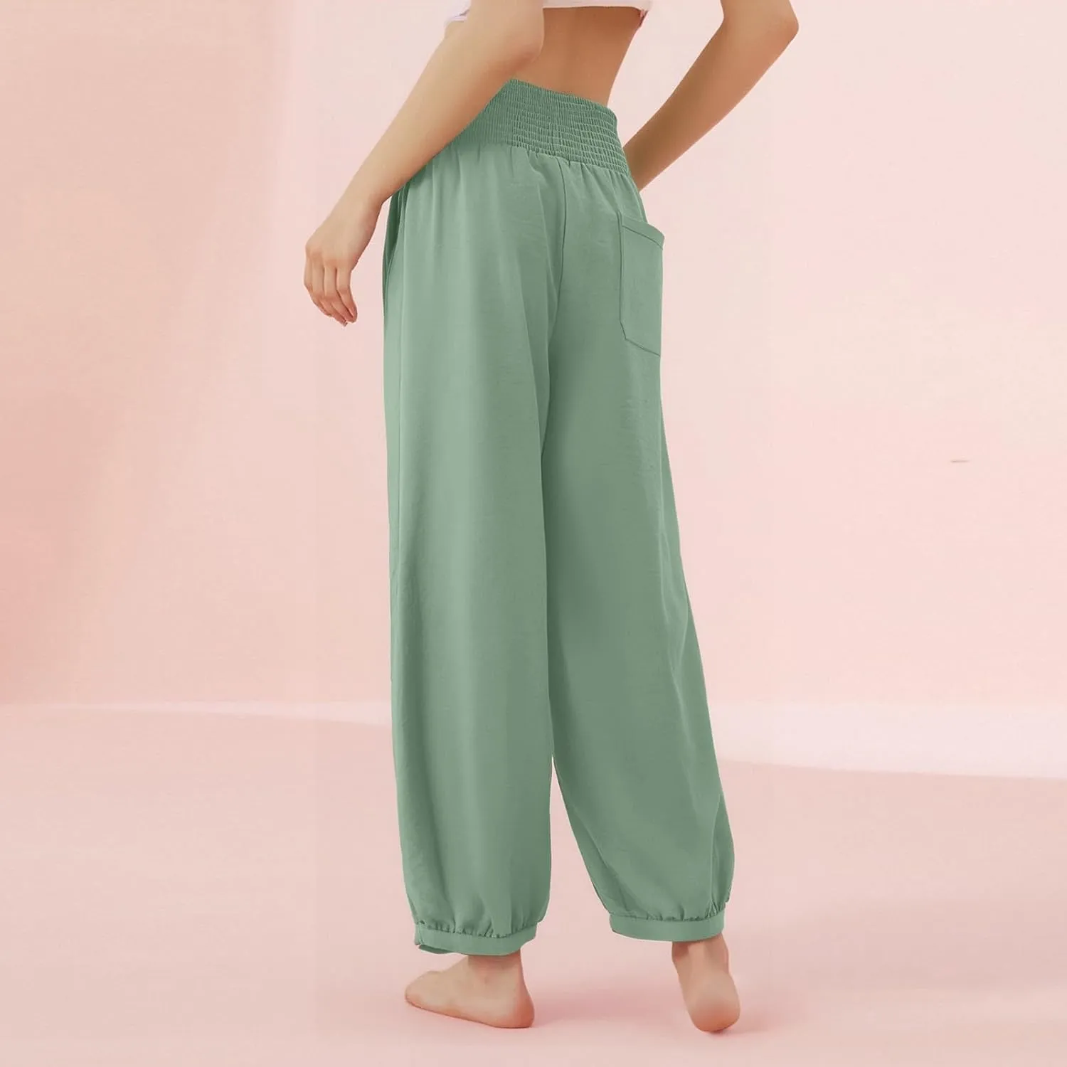 Womens Linen Pants Wide Leg High Waisted Summer Pants Dressy Casual Baggy Palazzo Beach Vacation Trousers with Pockets