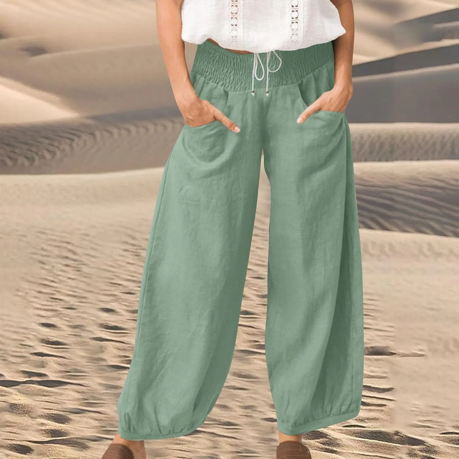 Womens Linen Pants Wide Leg High Waisted Summer Pants Dressy Casual Baggy Palazzo Beach Vacation Trousers with Pockets