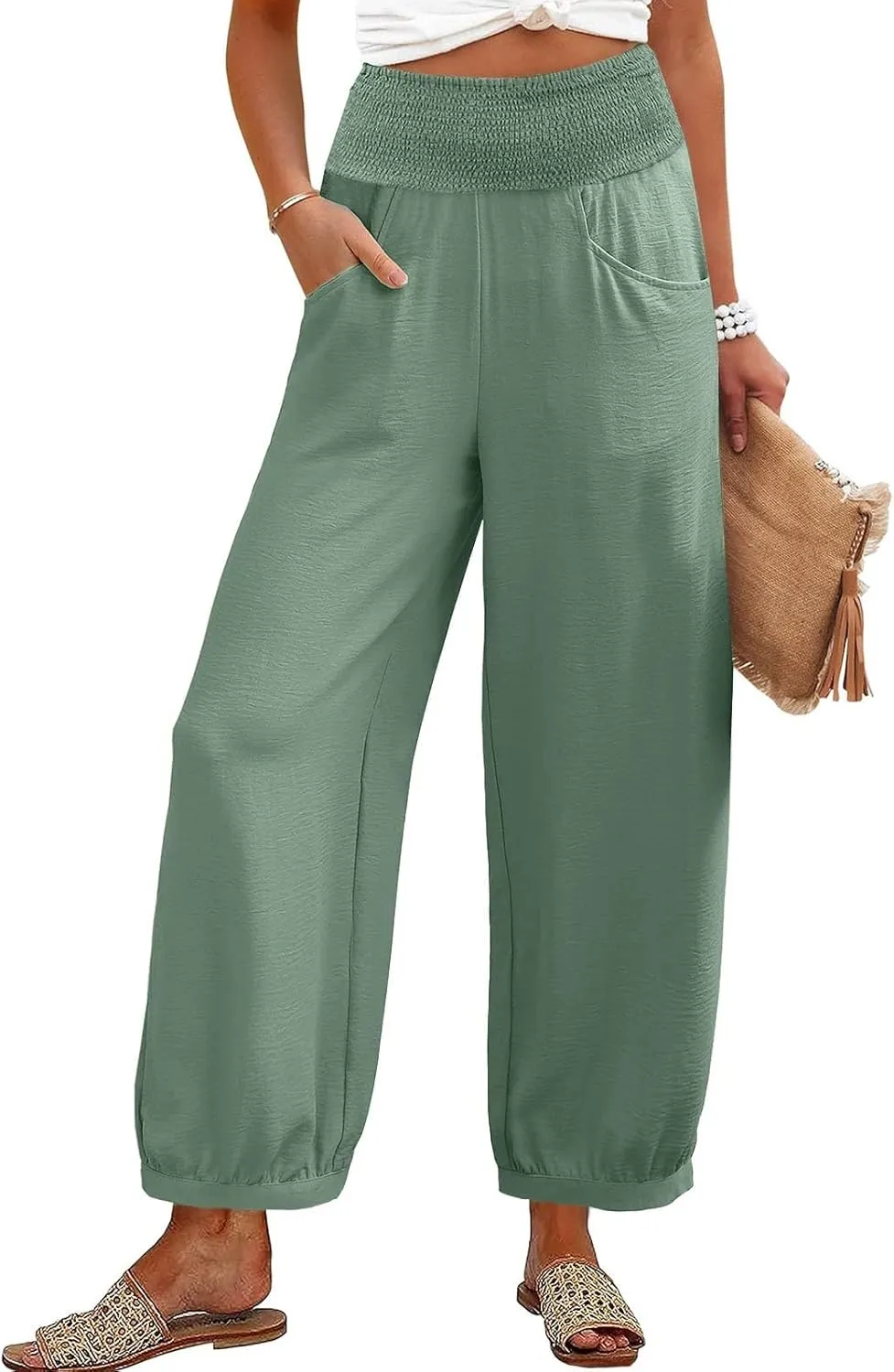 Womens Linen Pants Wide Leg High Waisted Summer Pants Dressy Casual Baggy Palazzo Beach Vacation Trousers with Pockets