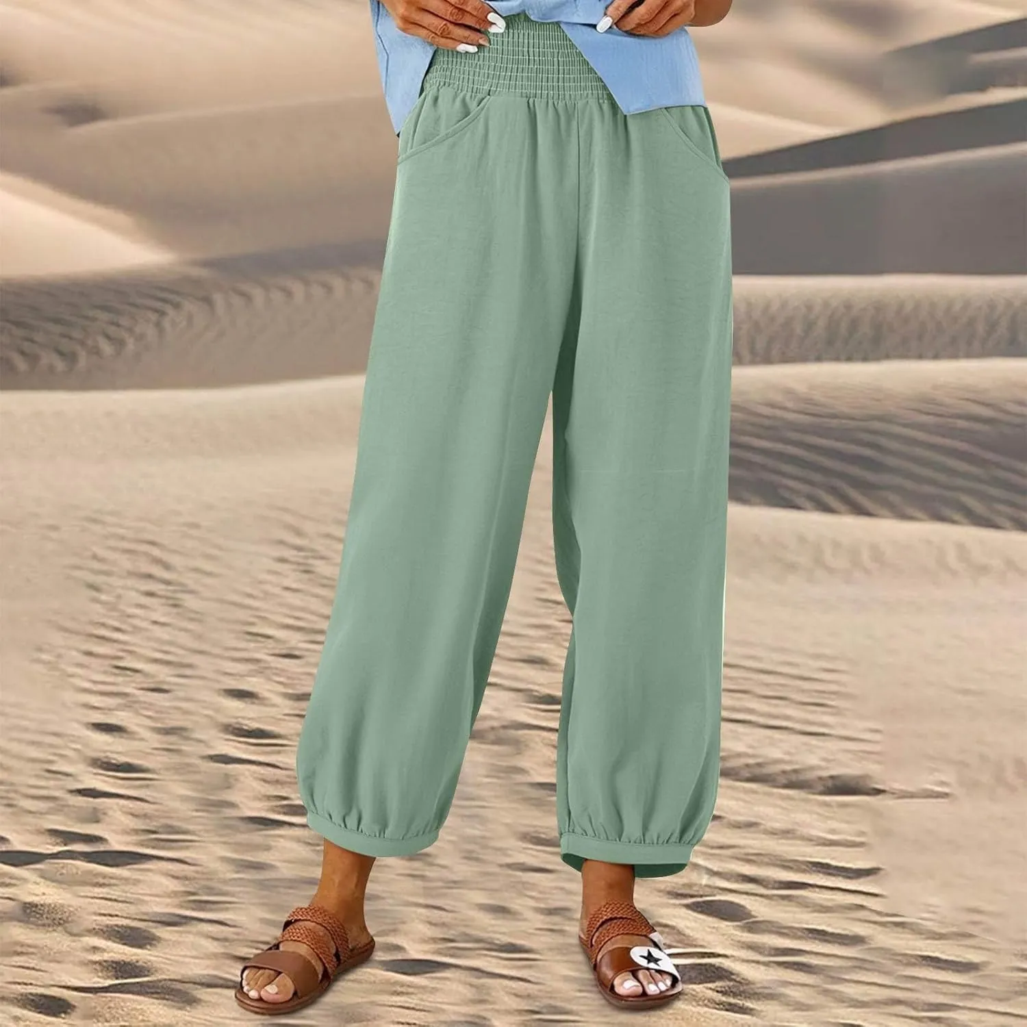 Womens Linen Pants Wide Leg High Waisted Summer Pants Dressy Casual Baggy Palazzo Beach Vacation Trousers with Pockets
