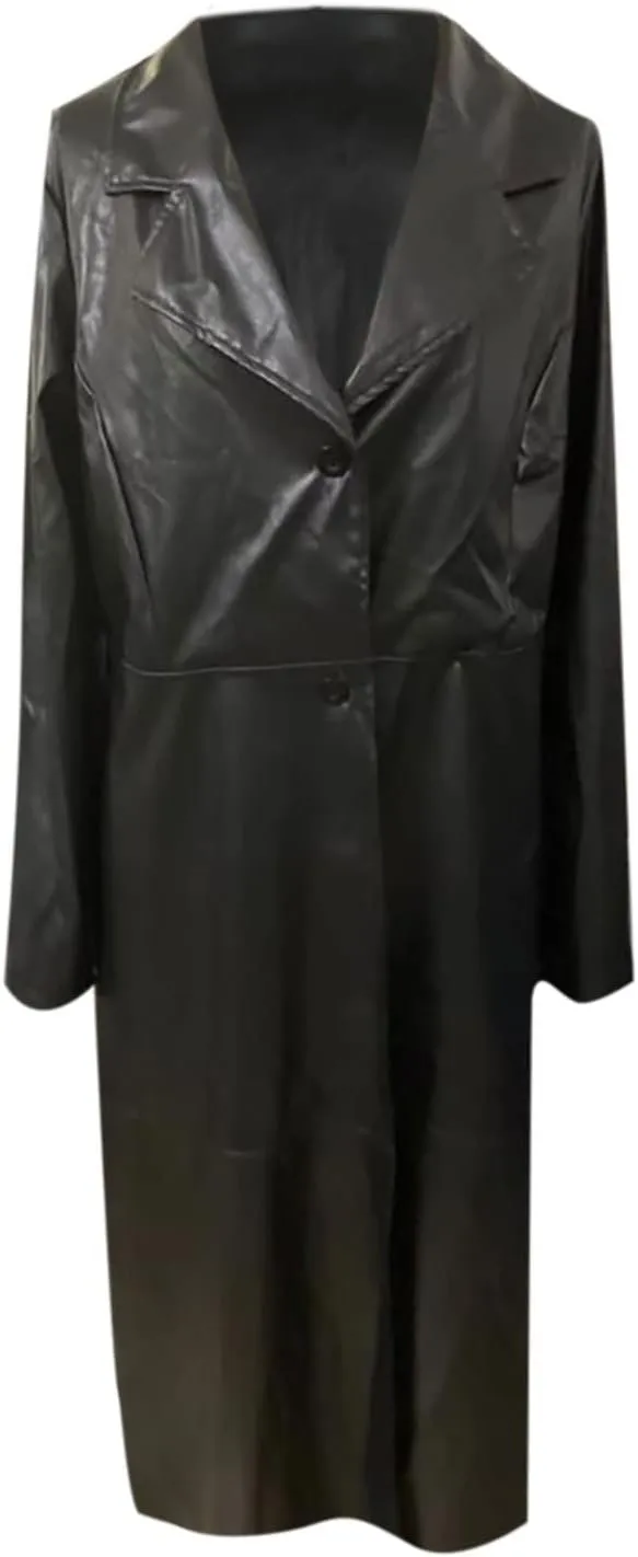 Womens Long Trench Coat Faux Leather Maxi Coat Full Length Casual PU Windproof Coat Lapel Collar Windbreaker Jacket