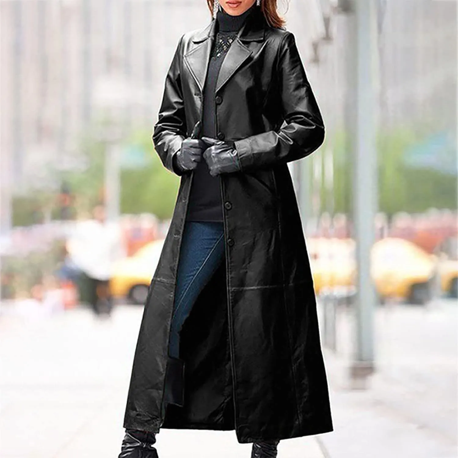 Womens Long Trench Coat Faux Leather Maxi Coat Full Length Casual PU Windproof Coat Lapel Collar Windbreaker Jacket
