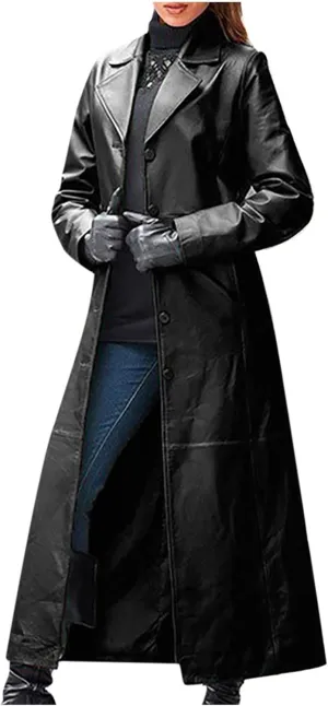 Womens Long Trench Coat Faux Leather Maxi Coat Full Length Casual PU Windproof Coat Lapel Collar Windbreaker Jacket