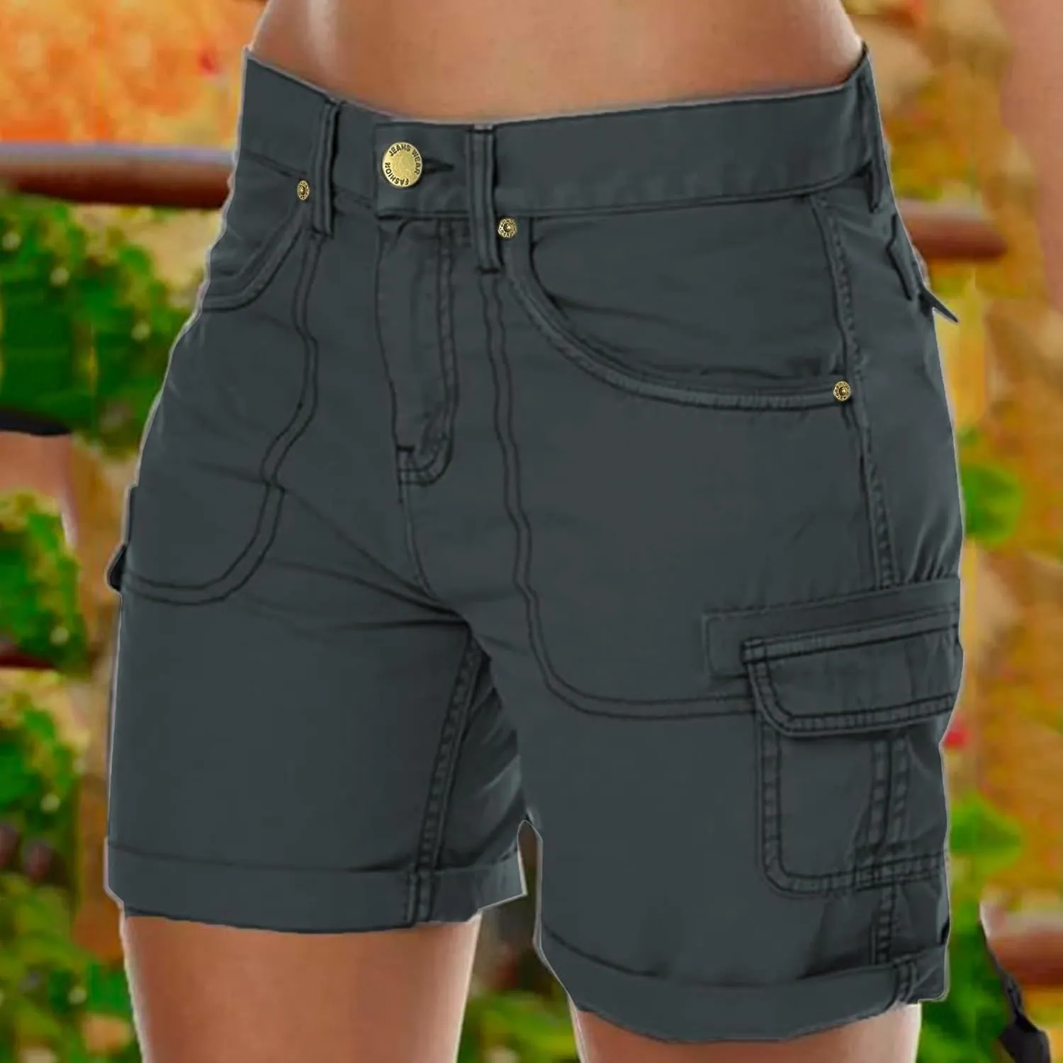 Women's Loose Solid Color Mini Pant,Summer Beach Shorts with Buttons,Cargo Hot Pants for Casual Wear