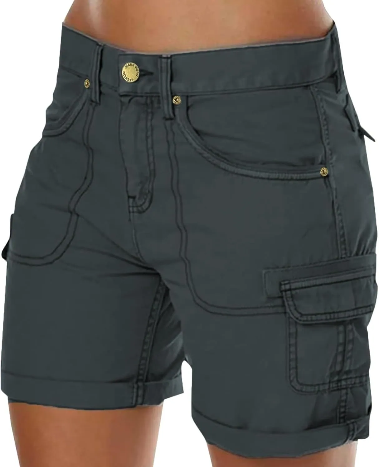 Women's Loose Solid Color Mini Pant,Summer Beach Shorts with Buttons,Cargo Hot Pants for Casual Wear