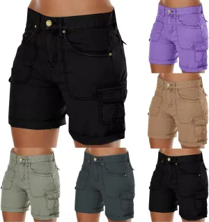 Women's Loose Solid Color Mini Pant,Summer Beach Shorts with Buttons,Cargo Hot Pants for Casual Wear