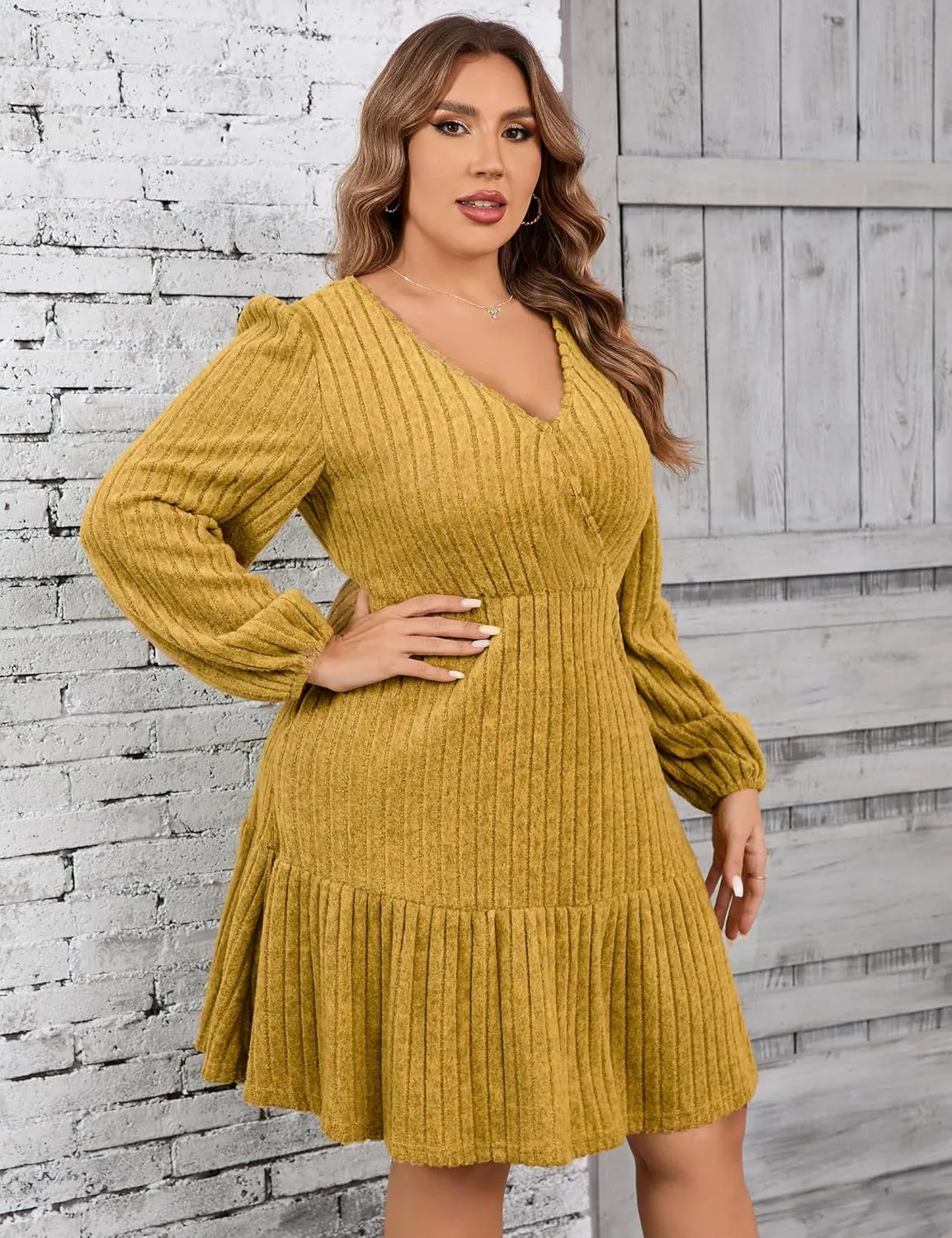 Women's Plus Size Casual Sweater Dress Square Neck Long Lantern Sleeve Tie Waist Loose Pullover Sweater Dresses