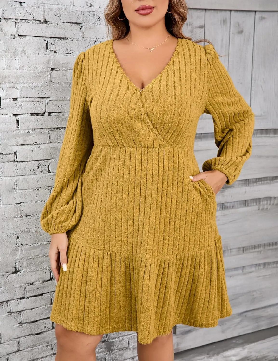 Women's Plus Size Casual Sweater Dress Square Neck Long Lantern Sleeve Tie Waist Loose Pullover Sweater Dresses