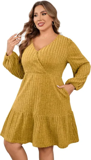 Women's Plus Size Casual Sweater Dress Square Neck Long Lantern Sleeve Tie Waist Loose Pullover Sweater Dresses