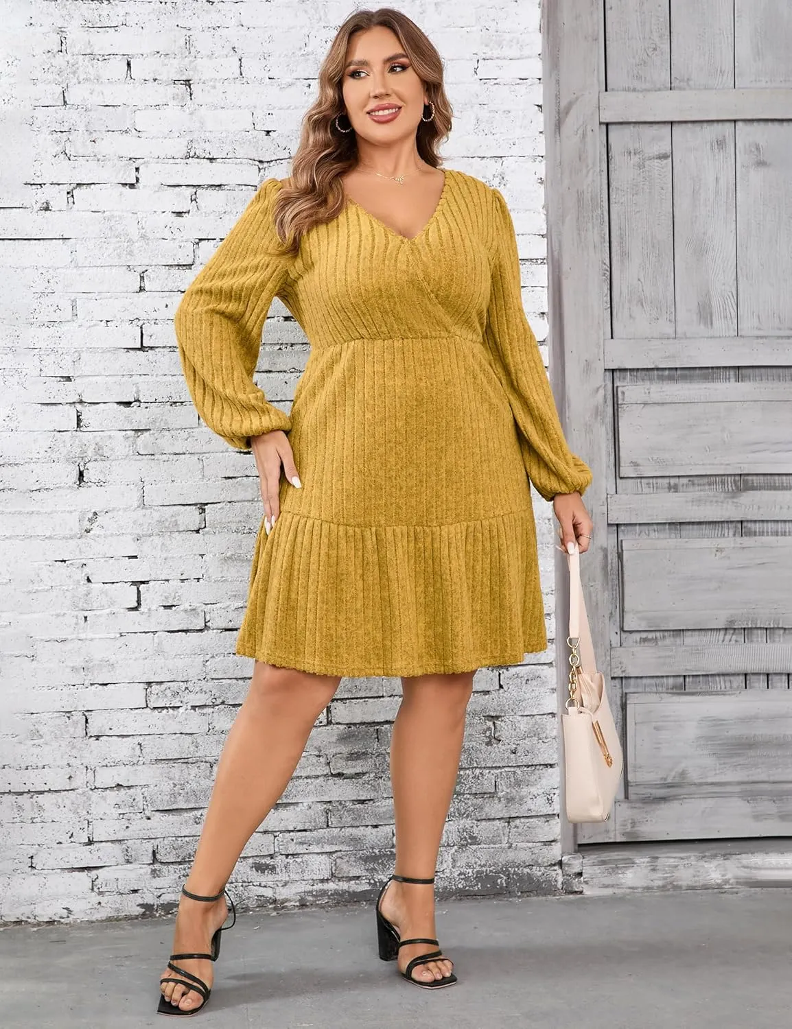 Women's Plus Size Casual Sweater Dress Square Neck Long Lantern Sleeve Tie Waist Loose Pullover Sweater Dresses