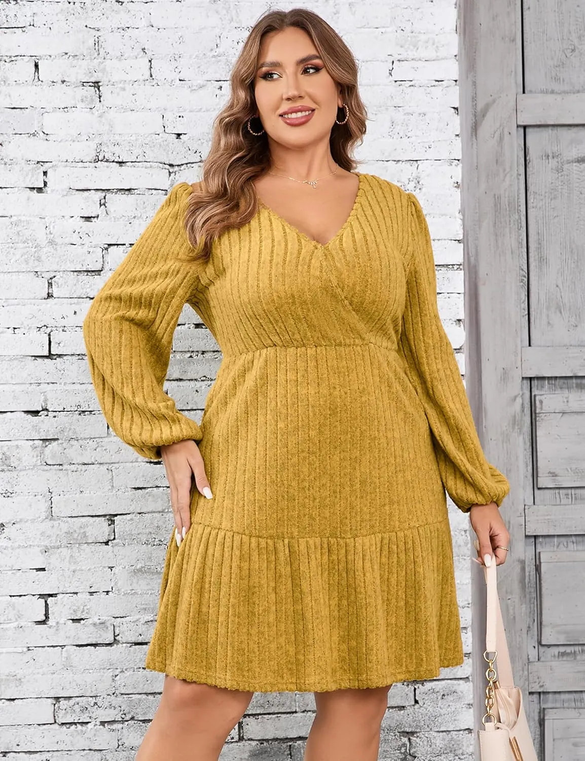 Women's Plus Size Casual Sweater Dress Square Neck Long Lantern Sleeve Tie Waist Loose Pullover Sweater Dresses