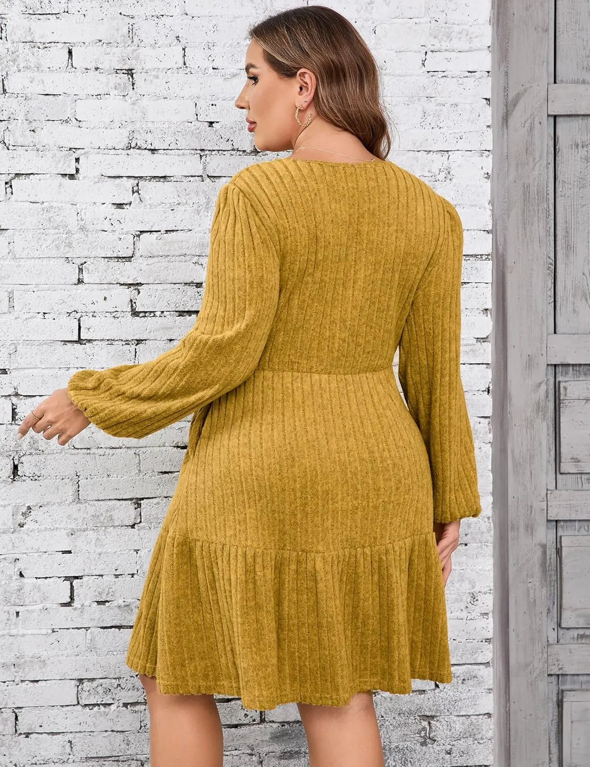 Women's Plus Size Casual Sweater Dress Square Neck Long Lantern Sleeve Tie Waist Loose Pullover Sweater Dresses