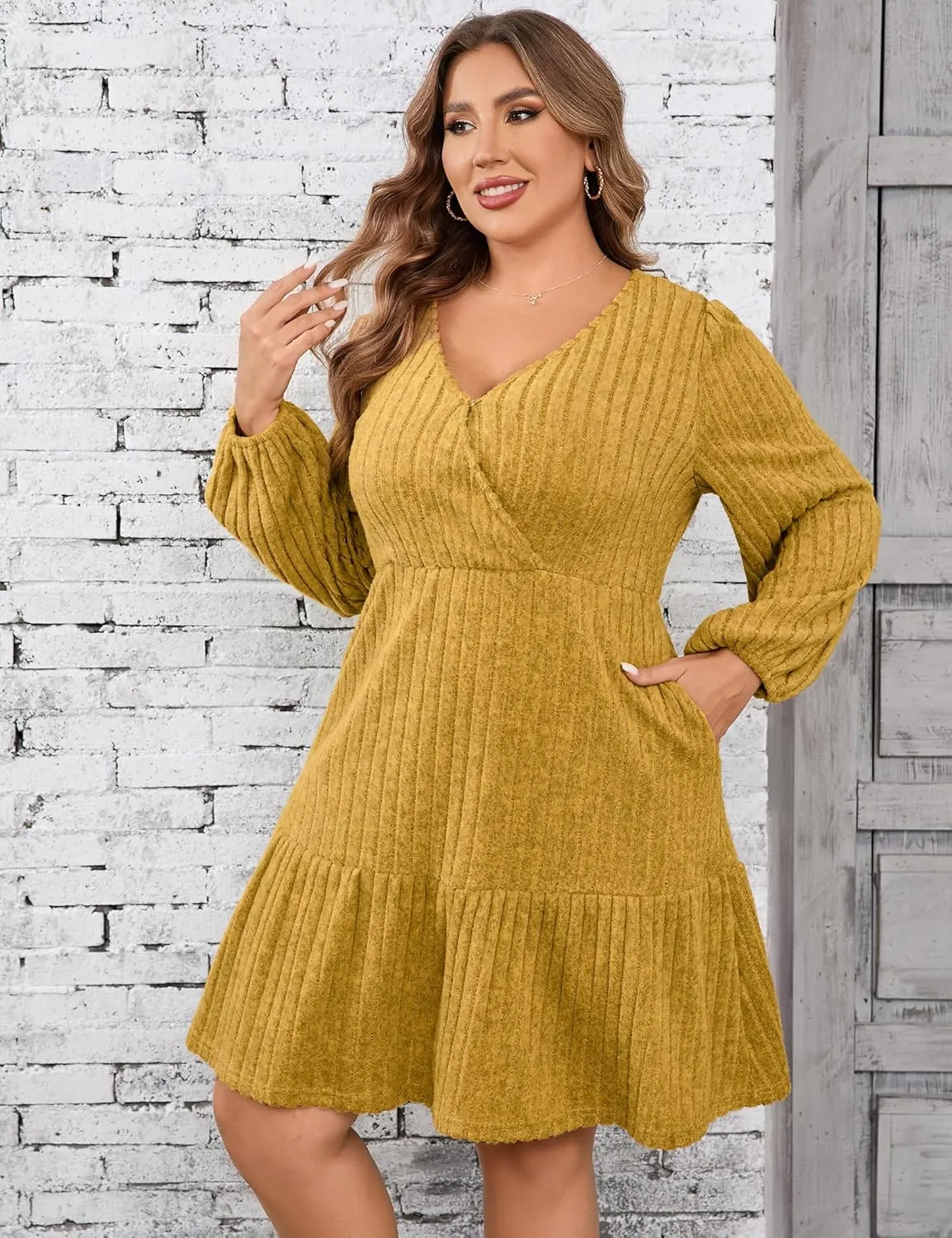 Women's Plus Size Casual Sweater Dress Square Neck Long Lantern Sleeve Tie Waist Loose Pullover Sweater Dresses