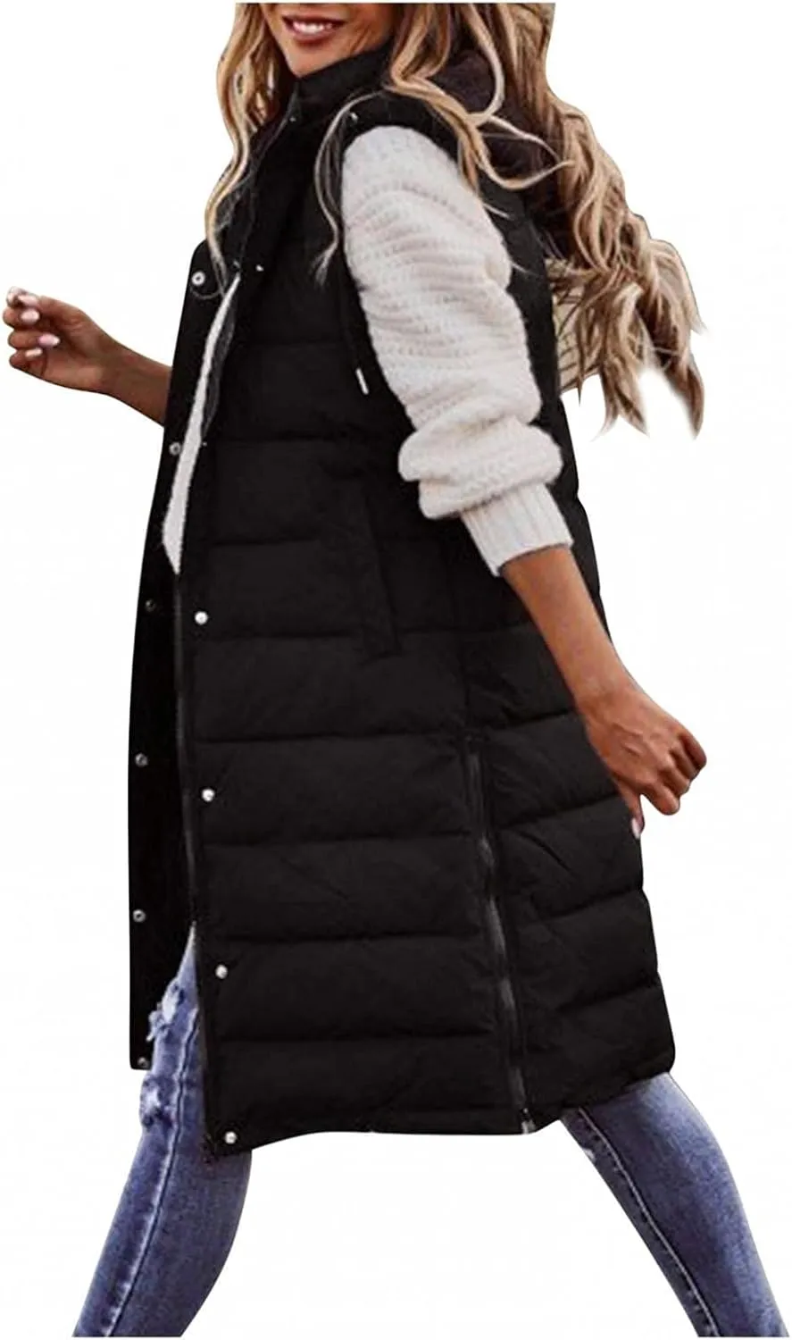 Womens Puffer Vest Long Down Sleeveless Hooded Jacket Oversized Quilted Side Zip up Warm Winter Coats with Pockets