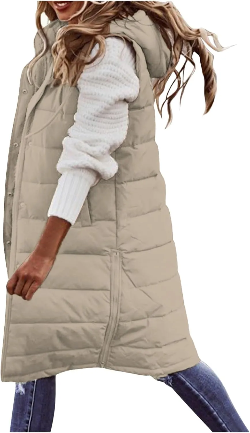 Womens Puffer Vest Long Down Sleeveless Hooded Jacket Oversized Quilted Side Zip up Warm Winter Coats with Pockets
