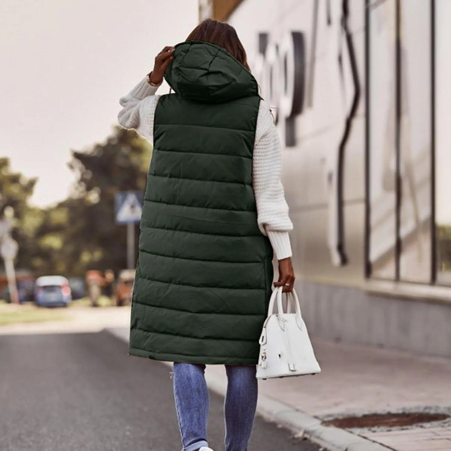 Womens Puffer Vest Long Down Sleeveless Hooded Jacket Oversized Quilted Side Zip up Warm Winter Coats with Pockets