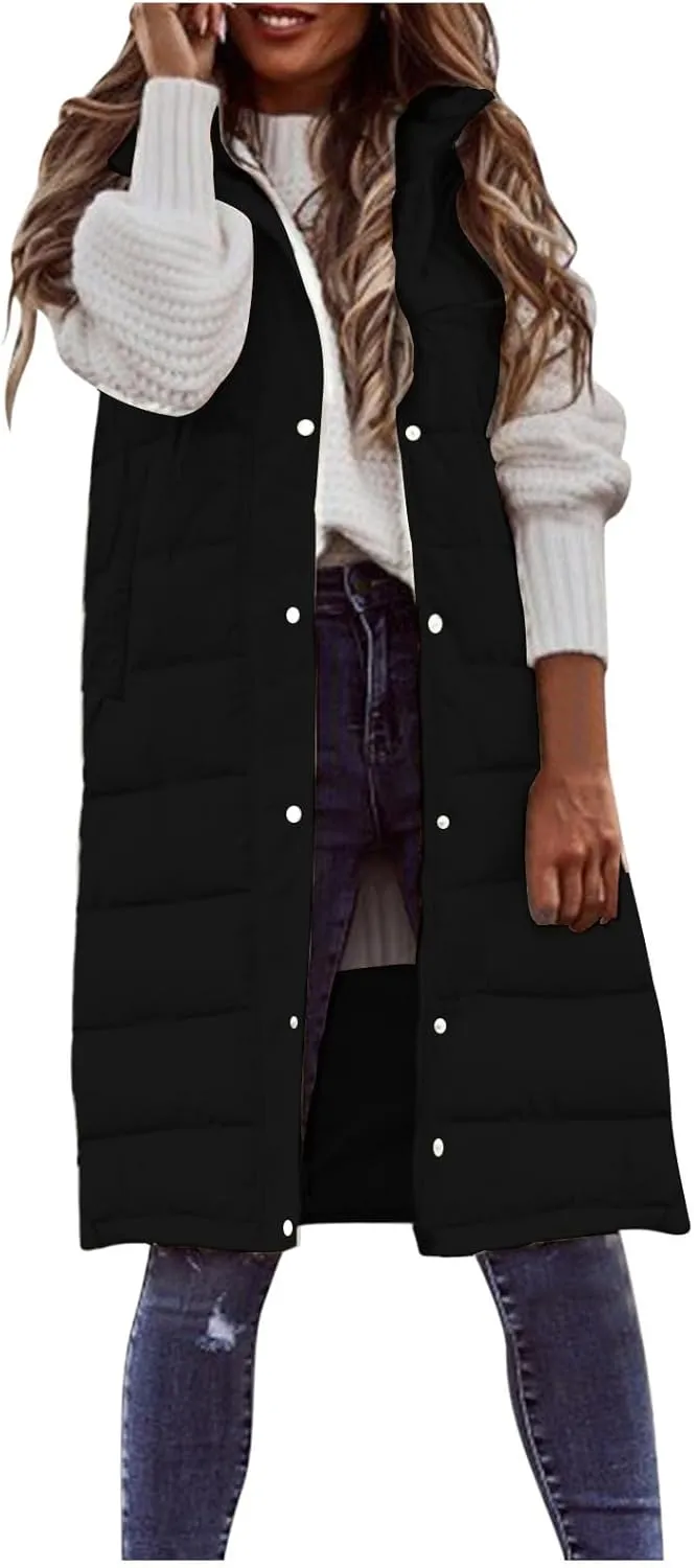 Womens Puffer Vest Long Down Sleeveless Hooded Jacket Oversized Quilted Side Zip up Warm Winter Coats with Pockets