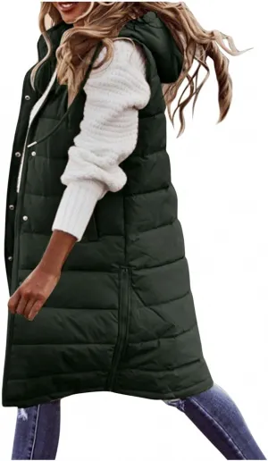 Womens Puffer Vest Long Down Sleeveless Hooded Jacket Oversized Quilted Side Zip up Warm Winter Coats with Pockets