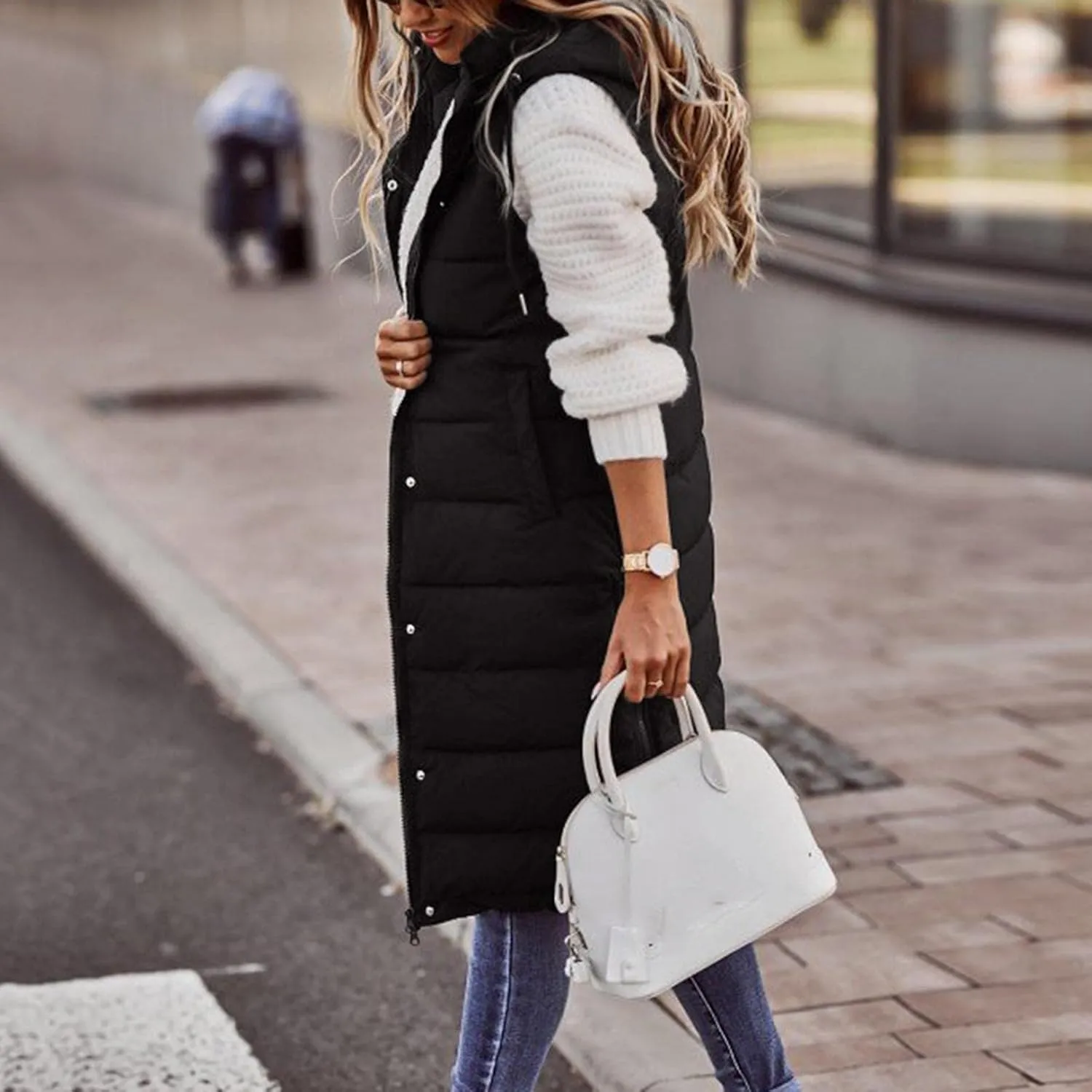 Womens Puffer Vest Long Down Sleeveless Hooded Jacket Oversized Quilted Side Zip up Warm Winter Coats with Pockets