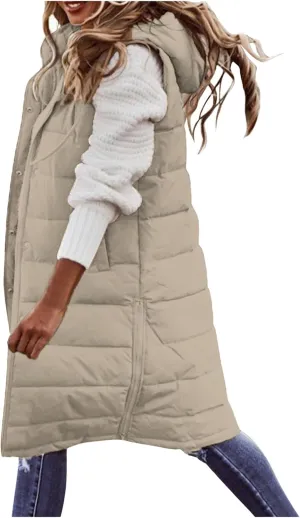 Womens Puffer Vest Long Down Sleeveless Hooded Jacket Oversized Quilted Side Zip up Warm Winter Coats with Pockets